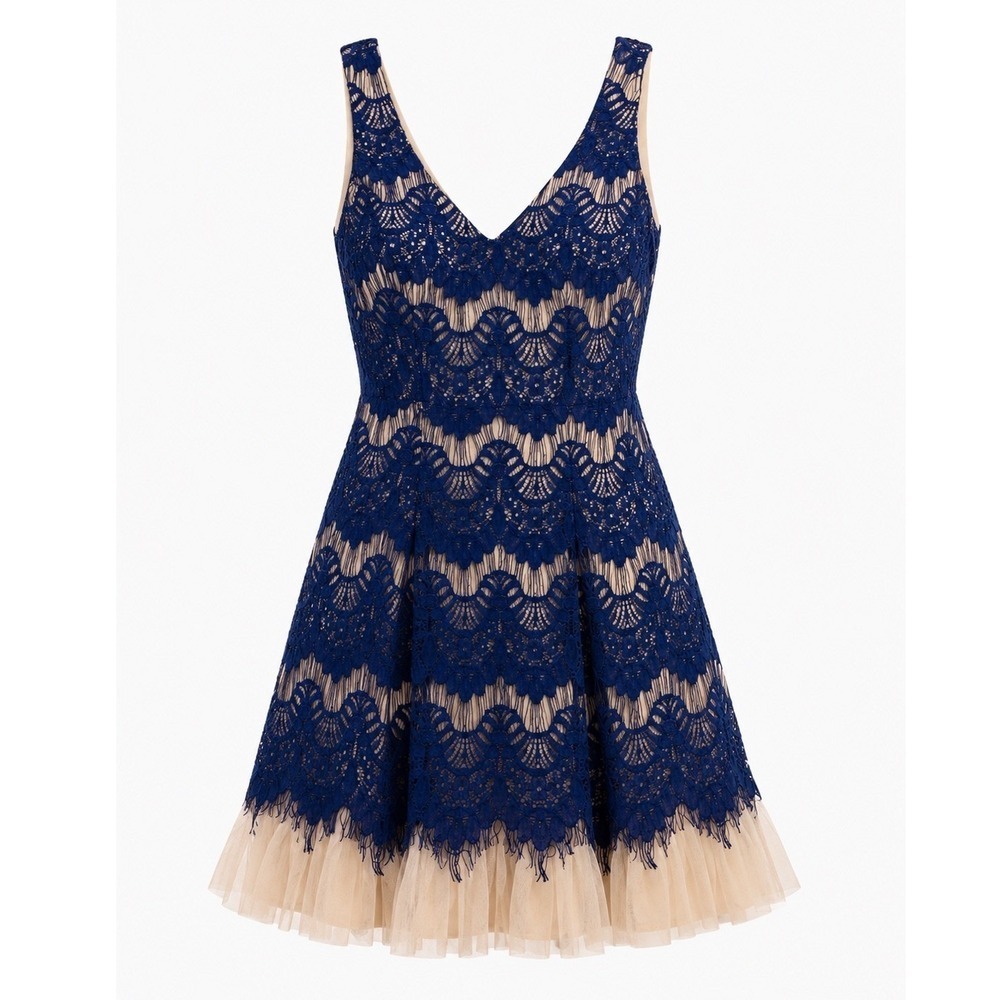 B. Darlin Lace Tulle Hem Dress Junior Size 5/6 Blue New Fit Flare Party V-Neck